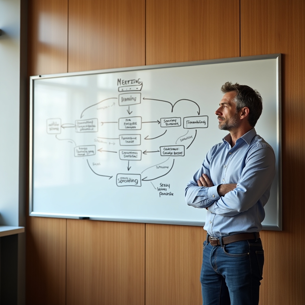 A visual workflow diagram on a whiteboard showing the connection between peer group tools and monthly meeting stages