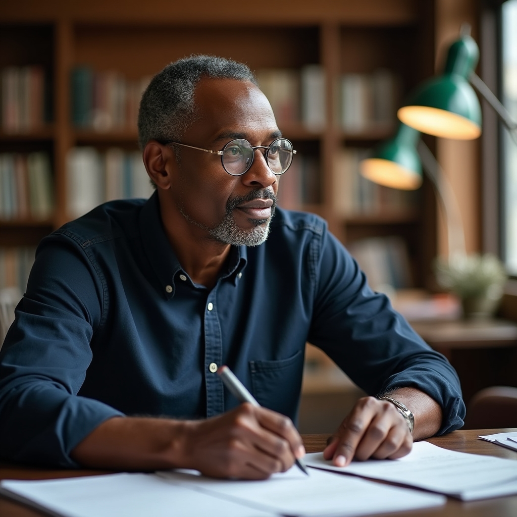 A course creator in their mid-forties reviewing facilitator notes at a library desk surrounded by books