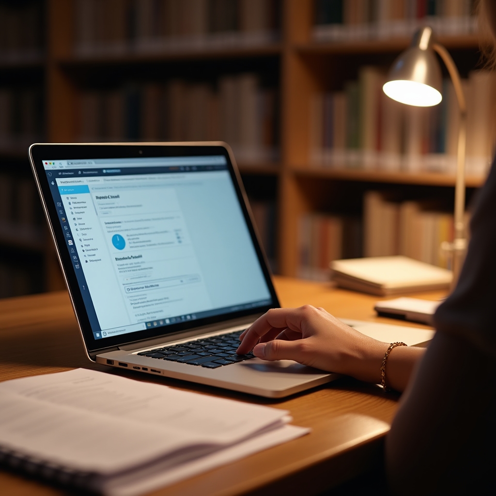 A laptop displaying course module overview screens alongside printed facilitator worksheets on a desk