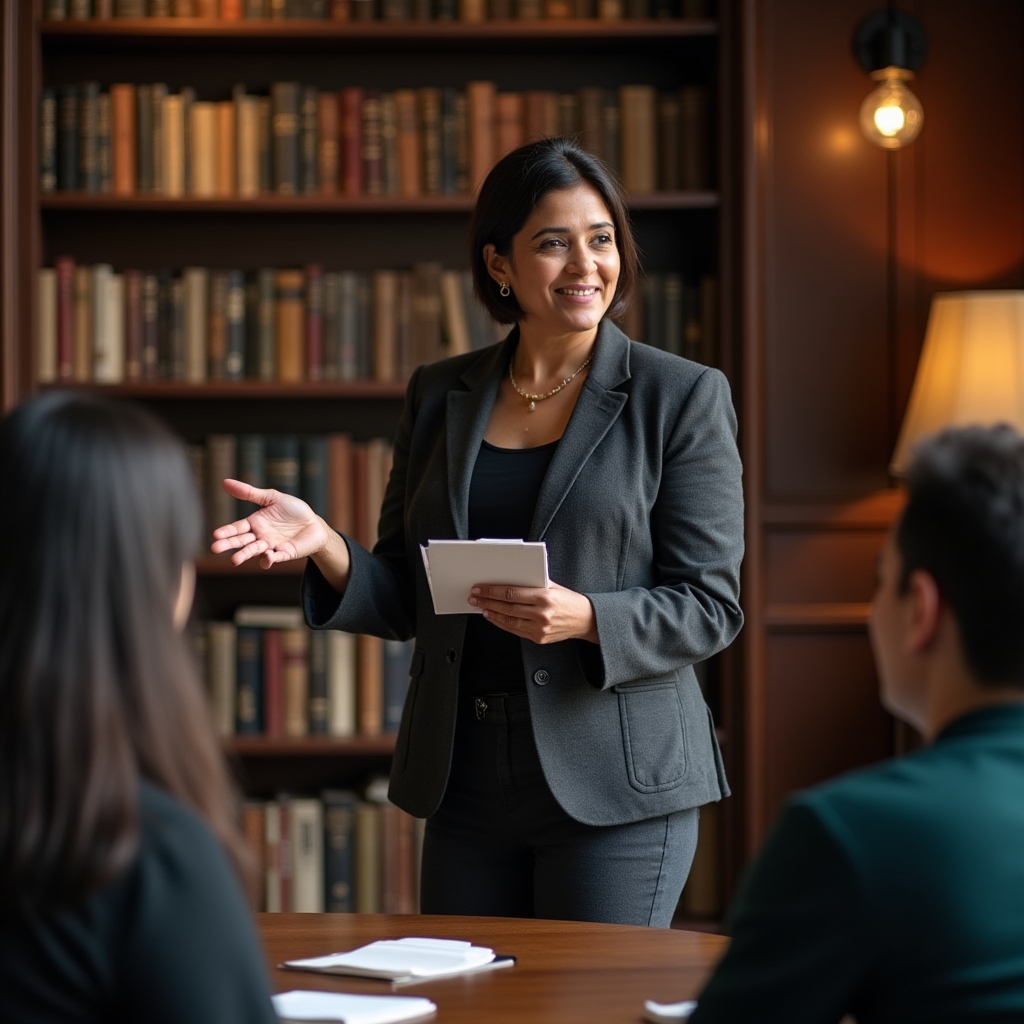 A facilitator guiding a small group discussion with engaged participants around a conference table