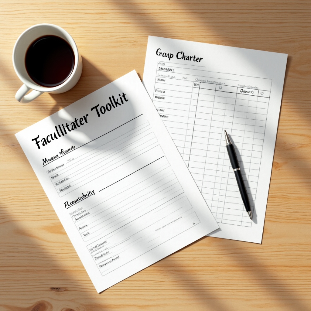 A spread of facilitator worksheets, agenda templates, and printed course materials on a clean desk