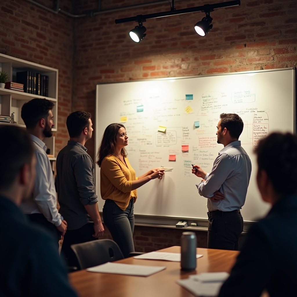 A diverse group of business owners engaged in structured problem-solving around a whiteboard with sticky notes