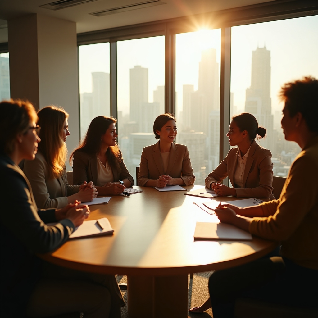 Small business owners gathered around a table in a collaborative peer advisory meeting