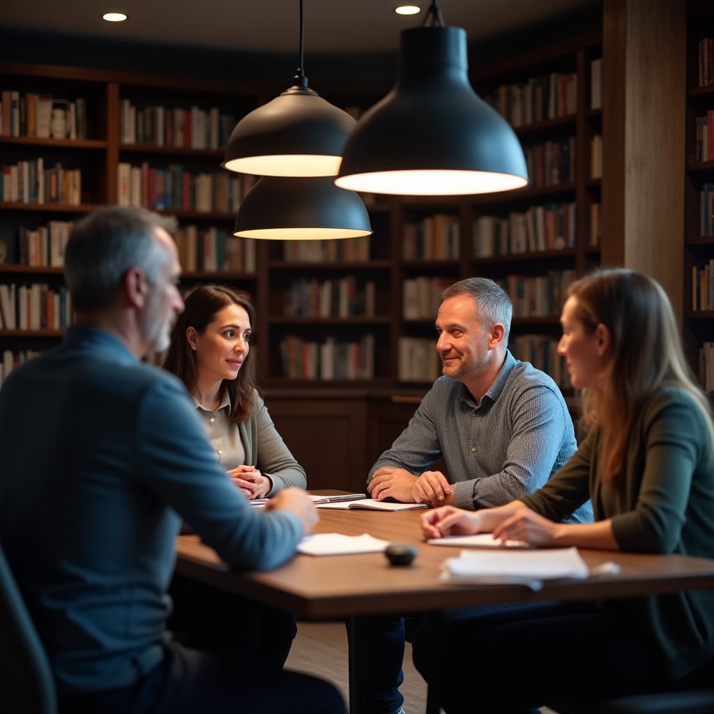Four small business owners seated around a table in a relaxed but focused peer discussion session