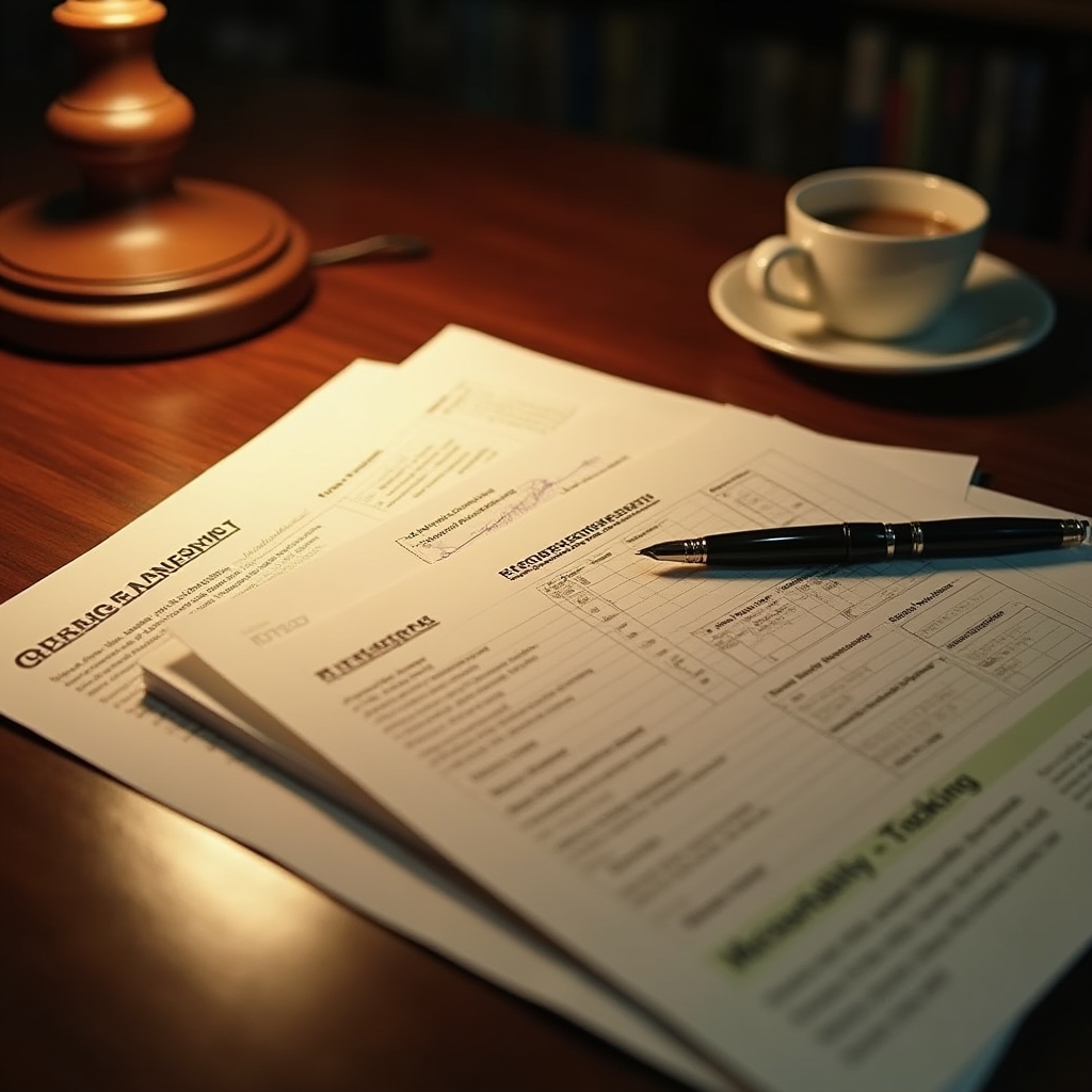 A clean desk layout showing printed facilitator documents, a pen, and a coffee cup in warm library lighting